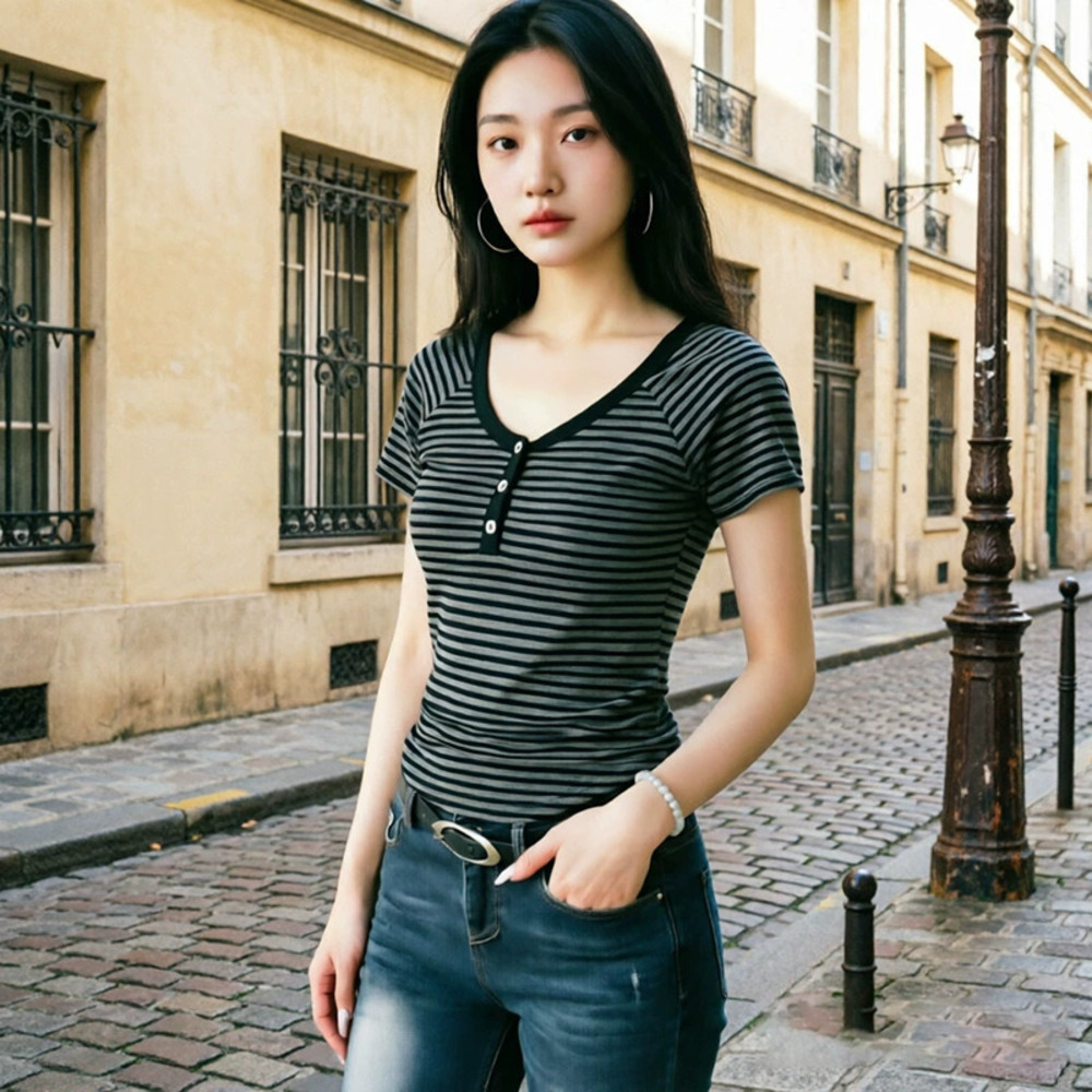 ZARA Everyday Button Down Striped Tee for Women Summer Slim Fit Short Sleeve